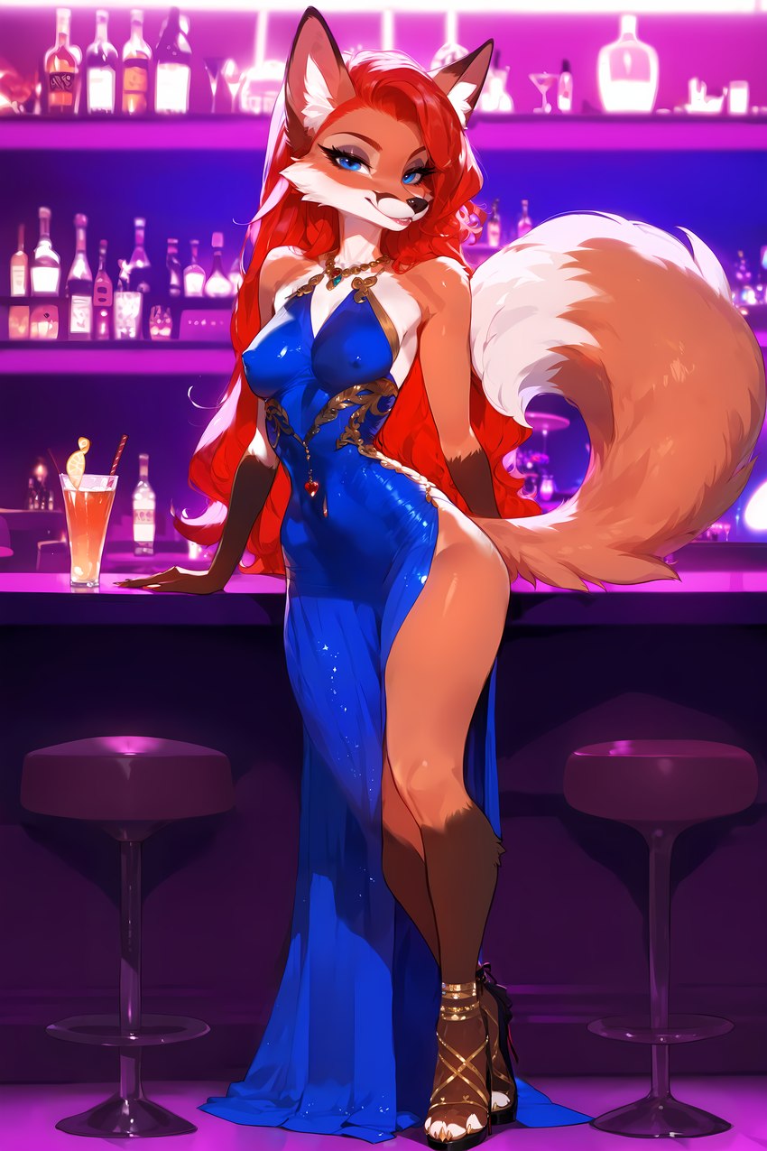 alcohol anthro bar bar_stool bedroom_eyes beverage blue_eyes bottle breasts claws clothed clothing dress erect_nipples eyelashes feet female footwear fox_tail front_view fur furniture glass hair high_heels jewelry long_eyelashes long_hair looking_at_viewer narrowed_eyes navel navel_piercing necklace nightclub nipple_outline nipples orange_body orange_fur piercing pinup pose red_hair sandals seductive skimpy slim small_breasts smile solo solo_focus standing stool table teasing tight_clothing toes merl canid canine fox mammal red_fox absurd_res hi_res