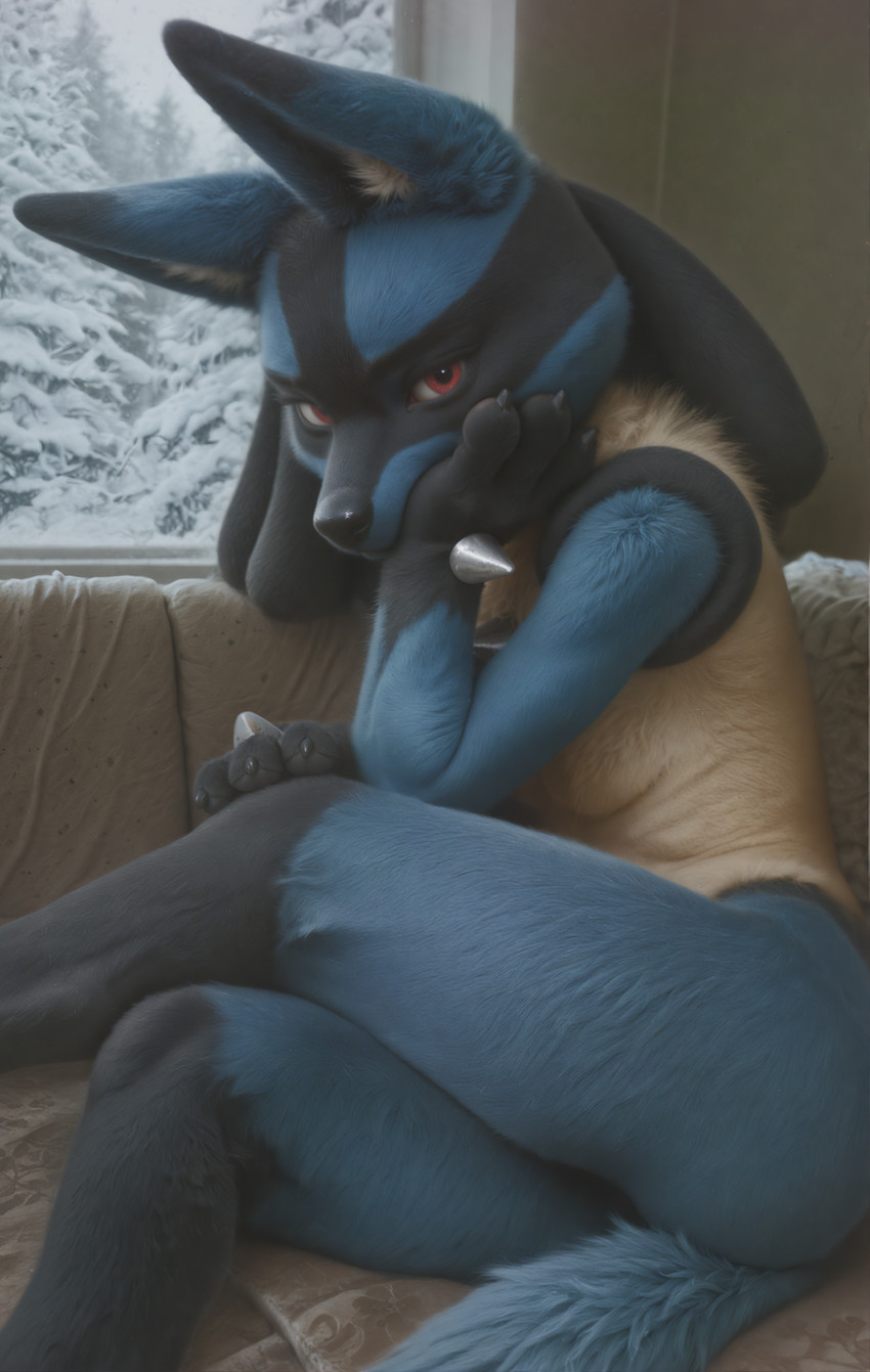 3_fingers animal_ear_fluff animal_ears animal_nose anthro arms_bent biped black_body black_fur blue_body blue_fur body_fur bored breasts butt claws crossed_legs evergreen_tree feet female fingers frown fur furniture half-closed_eyes hand_on_face hand_on_head hand_on_own_face handpaw head_on_hand hips holding_face inside looking_at_viewer mouth_closed multicolored_body multicolored_fur narrowed_eyes nude on_sofa pawpads paws photorealism pine_tree plant raised_leg realistic realistic_fur realistic_lighting red_eyes sitting sitting_on_sofa small_breasts snout sofa solo spikes tail toes tree tuft two_tone_body two_tone_fur white_body white_fur window winter yellow_body yellow_fur frrlvr nintendo pokemon generation_4_pokemon lucario pokemon_(species) absurd_res hi_res