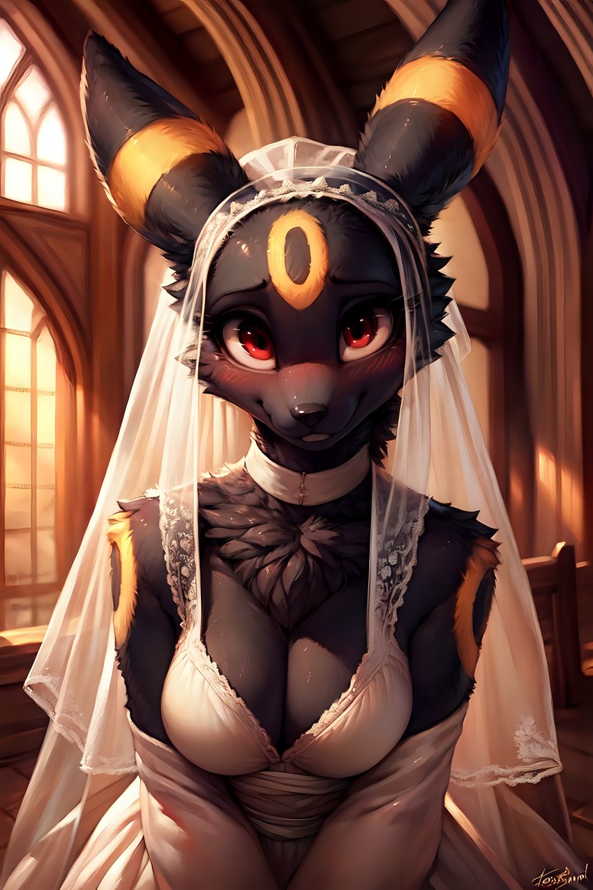 anthro black_body blush breasts church cleavage clothed clothing day dress eyelashes female light long_eyelashes looking_at_viewer medium_breasts red_eyes shy smile solo sunlight wedding wedding_dress wedding_veil white_clothing white_dress jameswolf eeveelution generation_2_pokemon mammal pokemon_(species) umbreon absurd_res hi_res