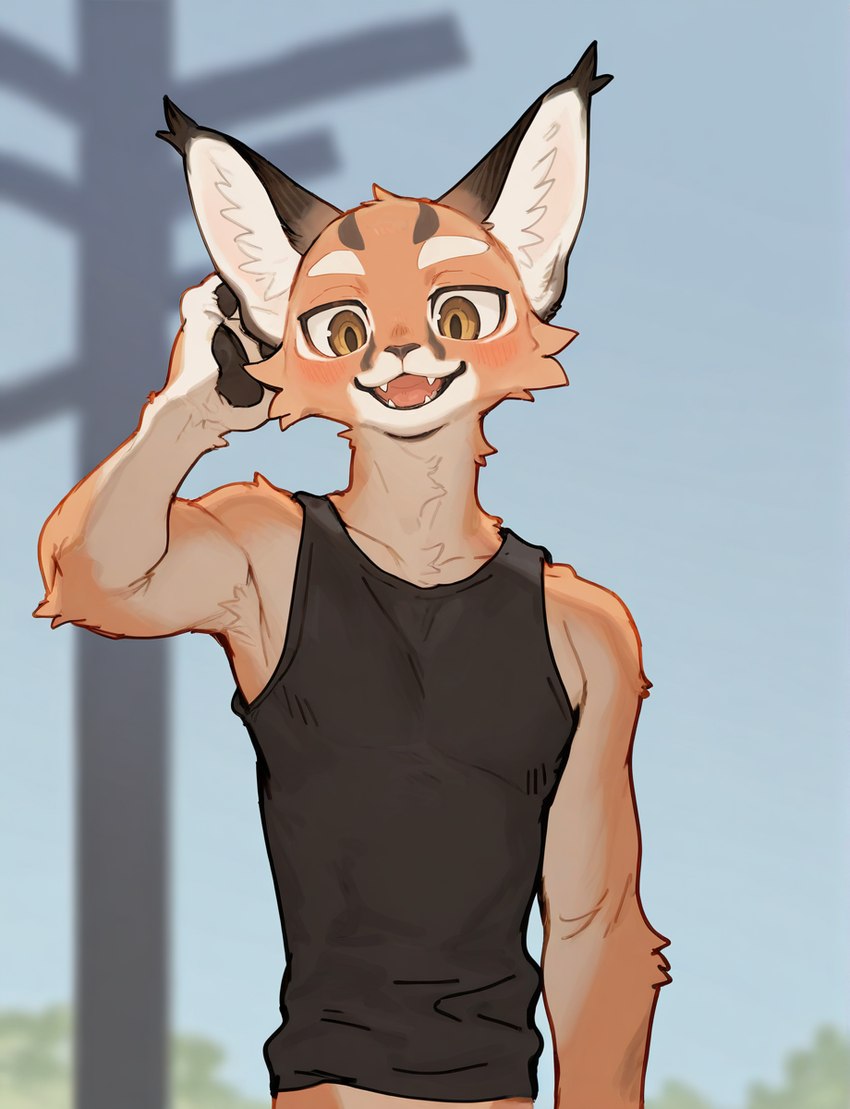 athletic athletic_male black_clothing black_shirt black_topwear blush claws clothed clothing fangs fur happy inner_ear_fluff looking_at_viewer male open_mouth open_smile orange_body orange_fur outside pawpads shirt sky slim small_waist smile solo tan_body tan_fur tank_top teeth topwear tuft white_body white_fur anonymous_director caracal caracal_(genus) felid feline mammal hi_res