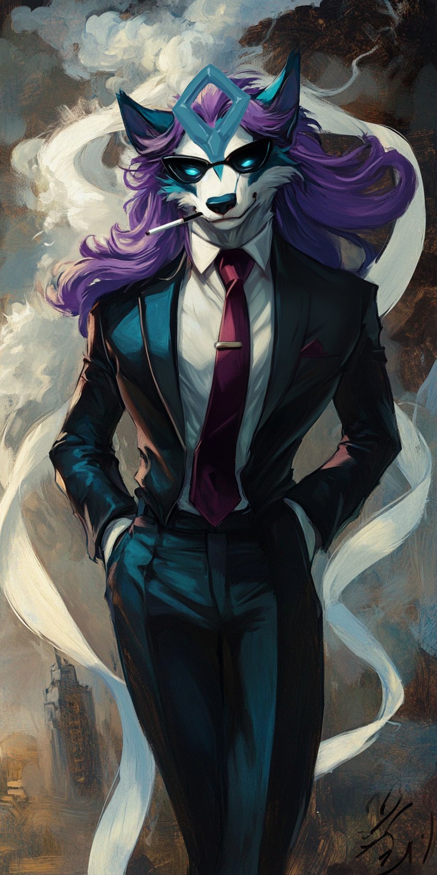 anthro black_suit blue_body blue_fur cigarette clothing eyewear fur glowing glowing_eyes hair male necktie pocket_square pokemorph purple_hair red_necktie ronah ruins slim smoke solo suit sunglasses tie_clip bahufaru pokemon faruza_woundclan_(bahufaru) generation_2_pokemon legendary_pokemon pokemon_(species) suicune absurd_res hi_res