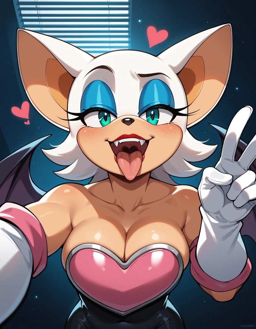 anthro bat_wings bedroom_eyes big_breasts breasts fangs female gesture half-closed_eyes looking_at_viewer membrane_(anatomy) membranous_wings narrowed_eyes open_mouth open_smile seductive smile smiling_at_viewer solo tongue tongue_out v_sign wings tricksterfox sonic_the_hedgehog_(series) rouge_the_bat chiropteran mammal hi_res