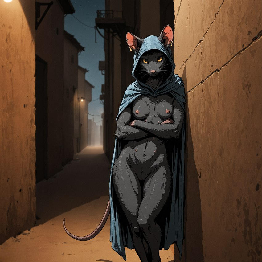 against_surface against_wall alley anthro black_body black_fur breasts casual_exposure casual_nudity city city_background cloak cloak_only clothed clothing crossed_arms detailed_background ear_piercing ear_ring female fur genitals grey_body grey_fur hood looking_at_viewer mostly_nude multi_nipple navel night nipples nude outdoor_nudity outside piercing public public_exposure public_nudity pussy ring_piercing solo standing whiskers yellow_eyes sysns mammal murid murine rat rodent hi_res