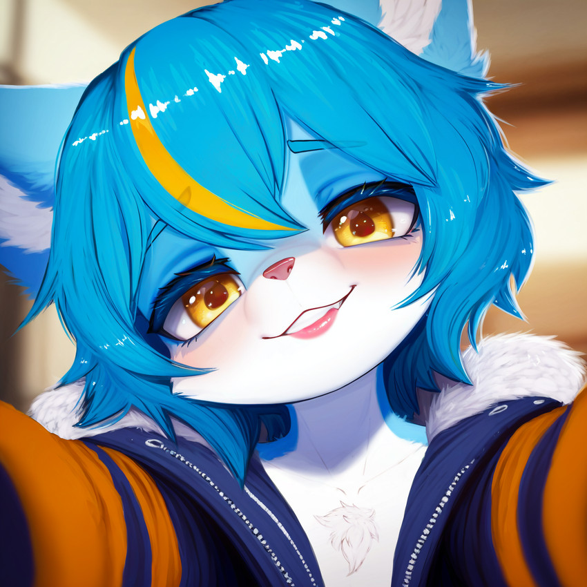 anthro blue_body blue_fur blue_hair cheek_tuft close-up clothing facial_tuft female fur hair jacket lips multicolored_hair pink_lips solo topwear tuft yellow_eyes professor_harkness_(director) nanahoshi_suzu canid canine fox mammal hi_res