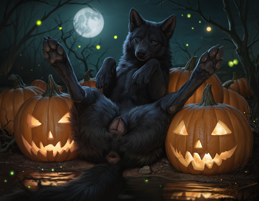 amber_eyes anatomically_correct anatomically_correct_genitalia anatomically_correct_pussy animal_genitalia animal_pussy anus black_body black_fur black_nose black_pawpads building butt canine_genitalia canine_pussy claws female feral fire fluffy fluffy_tail fog food fruit full_moon fur genitals glowing halloween inner_ear_fluff jack-o'-lantern looking_at_viewer lying moon night on_back on_ground outside pawpads paws photorealism plant presenting presenting_anus presenting_hindquarters presenting_pussy pumpkin pussy realistic_feral reflection sky solo swamp tail tail_anus tree tuft water zerphy canid canine canis mammal wolf 2025 alternate_version_at_source hi_res signature