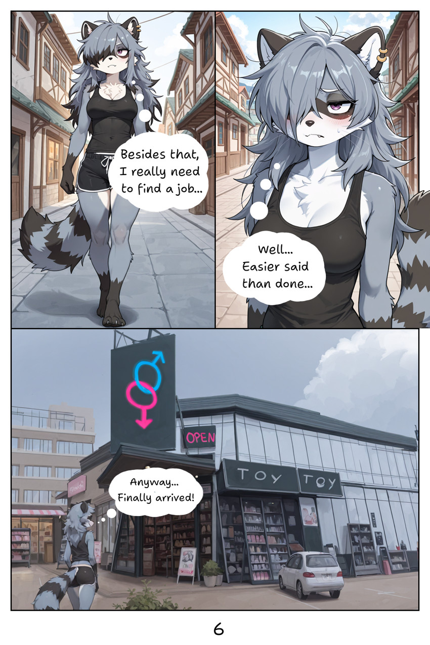 anthro black_body black_clothing black_fur blush city city_background clothing ear_piercing female fluffy fur grey_body grey_fur hair messy_hair piercing purple_eyes solo tail white_body white_fur lead_acid maple_(lead_acid) mammal procyonid raccoon comic hi_res