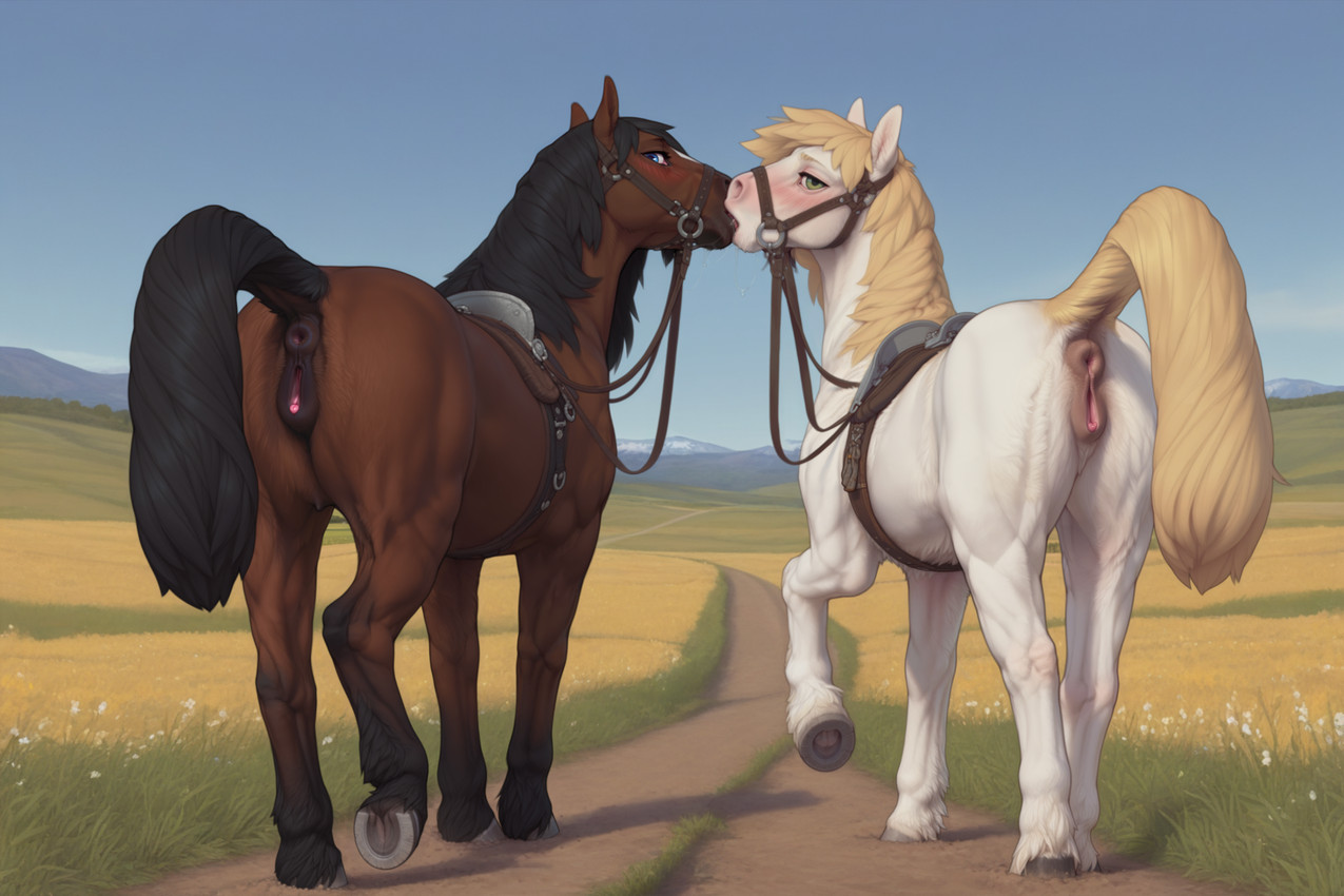 animal_genitalia animal_pussy anus black_mane black_tail blue_eyes blue_sky blush blush_lines bodily_fluids brown_body butt clitoris dirt_path duo equine_anus equine_genitalia equine_pussy female female/female feral field flower fur genitals green_eyes hooves kissing looking_at_viewer looking_back looking_back_at_viewer mane meadow mountains plant pussy reins saddle saliva saliva_string sky sunny tail teats tongue walking white_body yellow_tail chrisphoenix equid equine horse mammal absurd_res hi_res