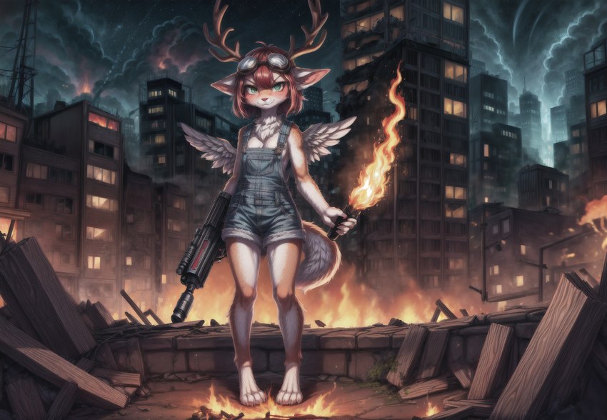 anthro antlers barefoot destruction feathered_wings feathers feet female fire fur green_eyes gun hair horn overalls_only post-apocalyptic ranged_weapon red_hair ruins solo tan_body tan_fur torch weapon wings aecii_3d rubi_(character) absurd_res hi_res huge_filesize