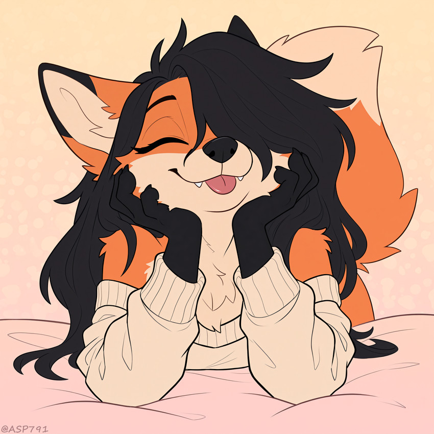 anthro bed black_hair black_nose blep canine_nose chest_tuft claws clothed clothing countershade_fur countershading cute_fangs dipstick_ears dipstick_tail eyes_closed female fingers fur furniture hair hair_over_eye hand_on_head happy long_hair lying makeup markings mascara multicolored_body multicolored_ears off_shoulder on_bed on_front one_eye_obstructed orange_body orange_fur simple_background smile solo sweater tail_markings tongue tongue_out topwear tuft asp791_(director) reyn_(asp791) canid canine canis fox mammal absurd_res hi_res signature