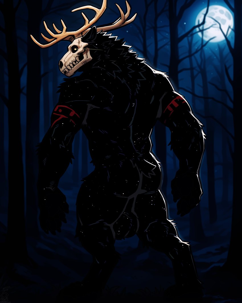 5_fingers anthro antlers back_muscles backsack balls big_balls black_body black_fur bone butt claws digitigrade fingers forest full_moon fur genitals horn light looking_at_viewer looking_back looking_back_at_viewer male markings moon moonlight muscular muscular_male night nude outside plant rear_view short_tail skull skull_head solo standing star teeth tree fox1400 monster wendigo absurd_res dark_theme full-length_portrait hi_res portrait watermark