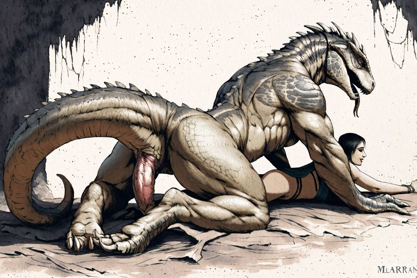 animal_genitalia anthro cloaca cloacal_cock duo female female_on_anthro genitals imminent_sex male male/female male_on_human size_difference hyperion human lizardman mammal reptile scalie