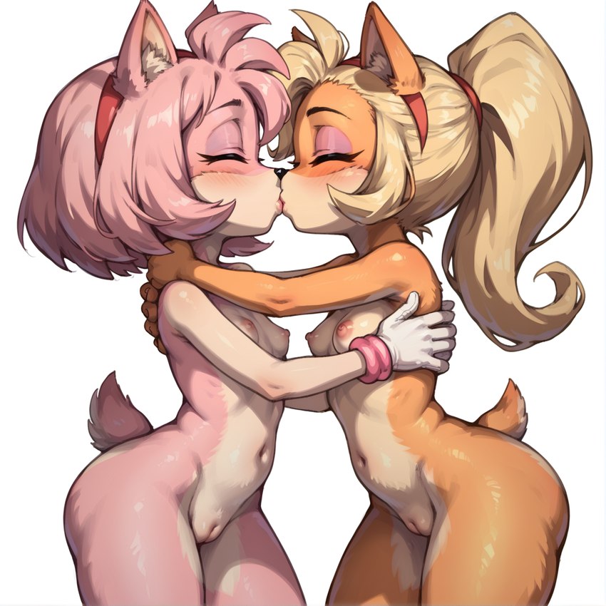 anthro anthro_on_anthro areola blonde_hair breasts crossover duo female female/female genitals hair kissing long_hair nipples nude pussy simple_background unknown_director crash_bandicoot_(series) sonic_the_hedgehog_(series) amy_rose coco_bandicoot eulipotyphlan hedgehog mammal marsupial hi_res