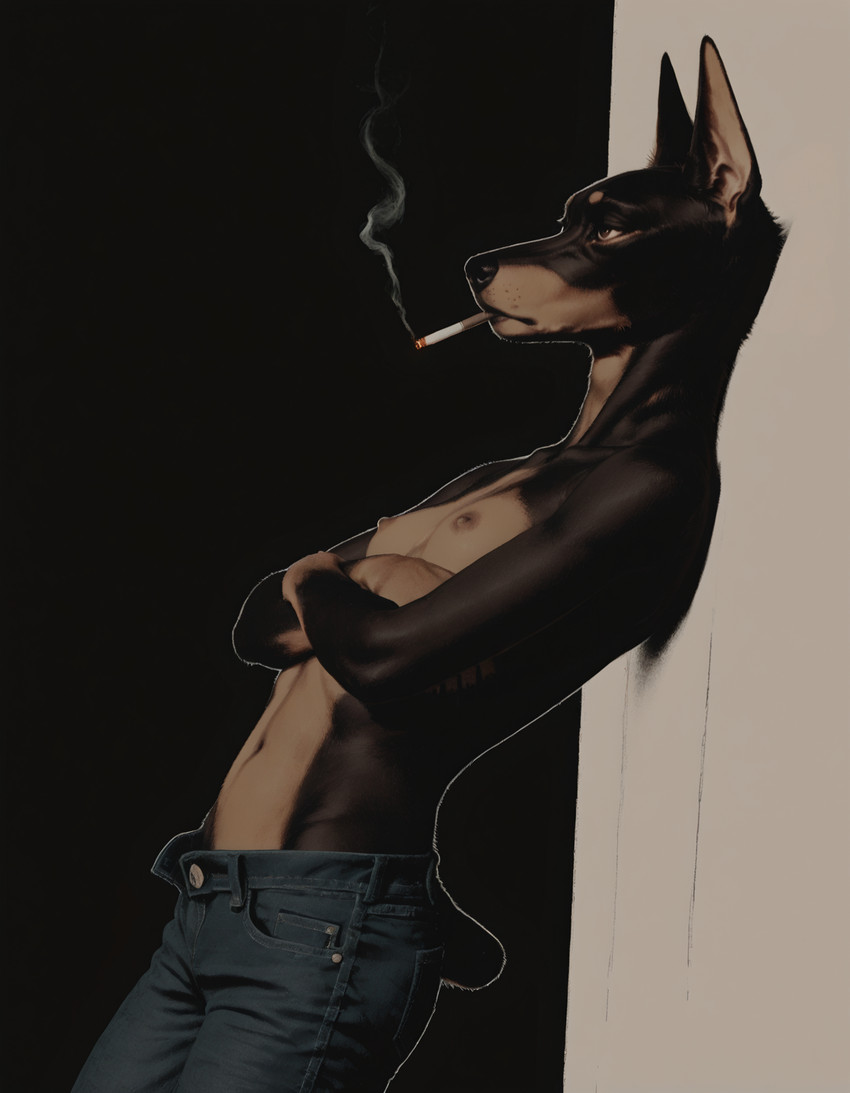 anthro bottomwear breasts casual_exposure cigarette clothed clothing countershading crossed_arms dark_background dark_body dark_fur denim denim_clothing expressionless female fur jeans nipples open_bottomwear open_clothing open_pants pants partially_clothed prick_ears prompt small_breasts smoking solo tan_body tan_fur topless topless_female unbuttoned_pants shotgun_(director) shotgun_(character) canid canine canis dobermann domestic_dog mammal pinscher hi_res prompt_metainfo
