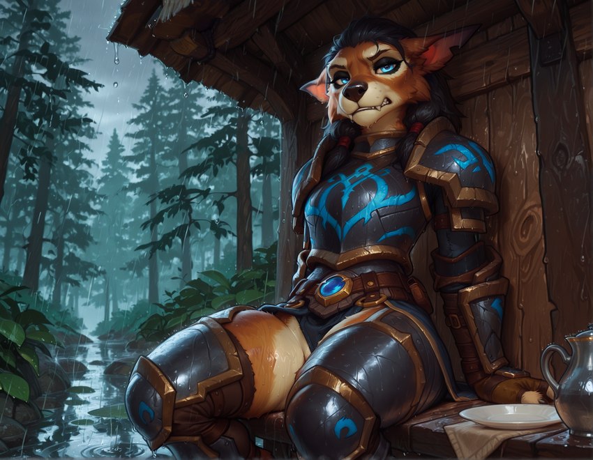 angry anthro armor athletic bench blue_eyes eyeshadow female forest looking_at_viewer makeup multicolored_body plant raining side_view sitting solo thick_thighs tree wet jazzhands_(director) canid canine mammal were werecanid werecanine werewolf worgen hi_res