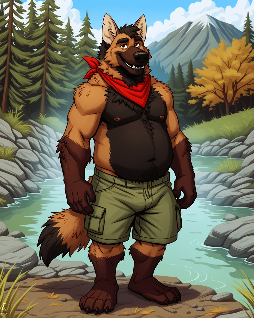 4_toes 5_fingers anthro barefoot belly black_belly black_body black_fur black_hair body_hair bottomwear brown_body brown_eyes brown_fur cargo_shorts chest_hair claws clothed clothing elbow_tuft feet fingers forest fur gloves_(marking) hair happy_trail hot_spring leg_markings looking_at_viewer male manly markings mountain multicolored_body multicolored_fur musclegut muscular muscular_anthro muscular_male navel neckerchief nipples notched_ear orange_body orange_fur outside plant plantigrade shorts slightly_chubby smile socks_(marking) solo standing steam teeth toe_claws toes topless tree water fox1400 red_(fox1400) canid canine mammal maned_wolf absurd_res full-length_portrait hi_res portrait signature