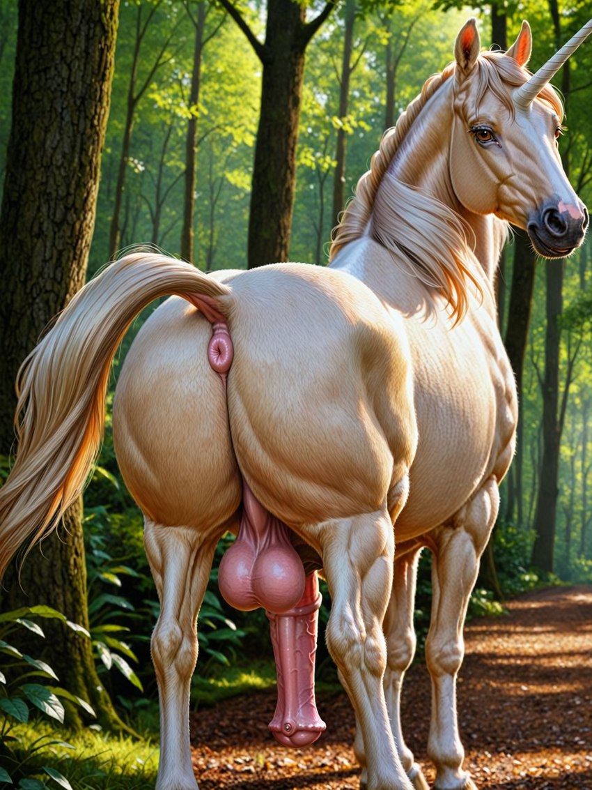 animal_genitalia animal_penis anus balls butt equine_genitalia equine_penis feral genitals horn looking_at_viewer male penis pink_anus pink_balls pink_penis presenting raised_tail solo unicorn_horn white_body goldendog equid equine mammal unicorn hi_res