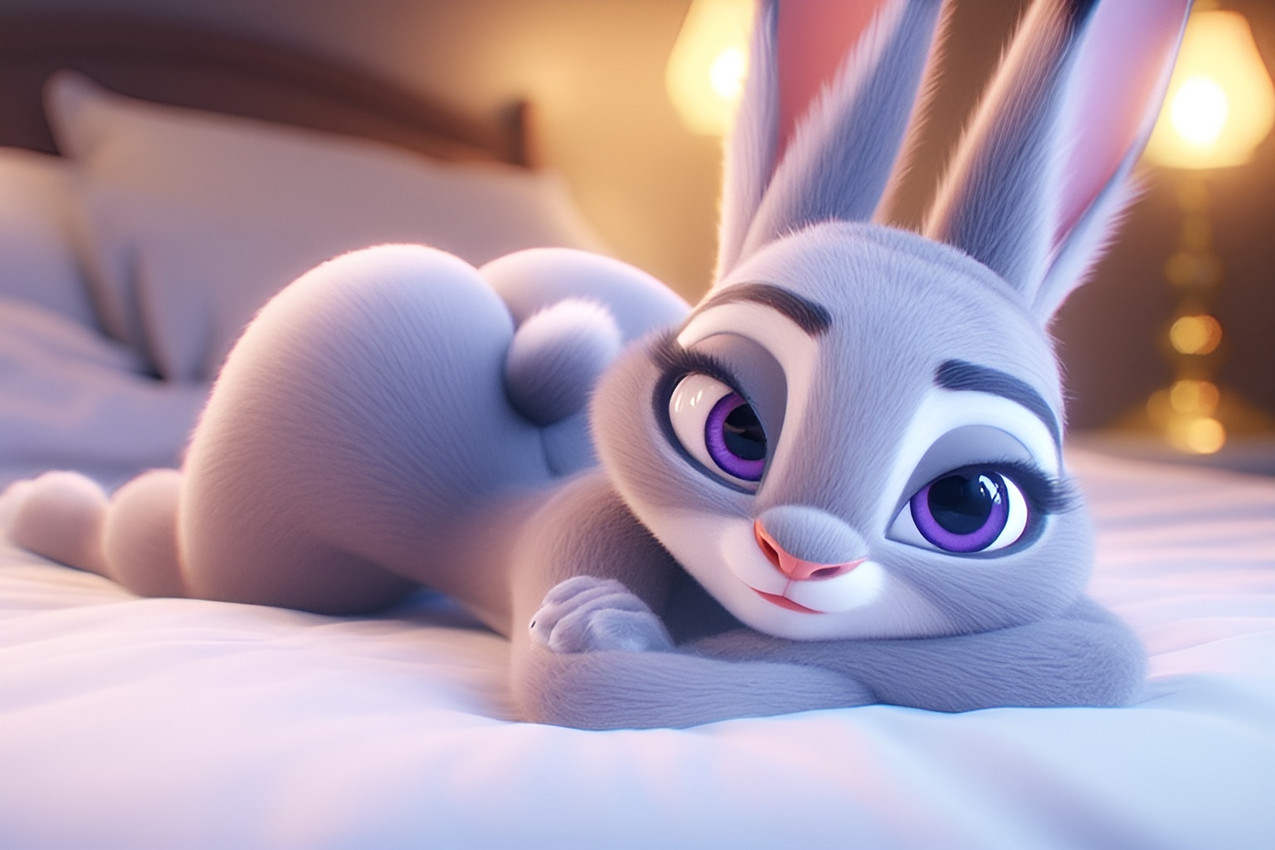 anthro ass_up bed bedroom bedroom_eyes blurred_background female fur furniture looking_at_viewer lying lying_on_bed narrowed_eyes nude on_bed purple_eyes seductive solo disney zootopia judy_hopps lagomorph leporid mammal rabbit 3d_(artwork) digital_media_(artwork)