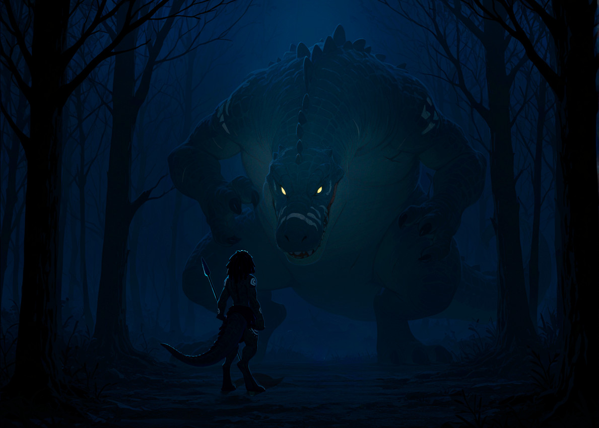 anthro barefoot digitigrade dreadlocks duo feet female forest glowing glowing_tattoo holding_object holding_weapon jewelry male markings melee_weapon moon necklace night outside plant polearm scared size_difference solo spear tattoo tree tribal tribal_clothing tribal_jewelry tribal_markings tribal_necklace tribal_tattoo weapon loren_iipsum crocodilian monster reptile scalie hi_res