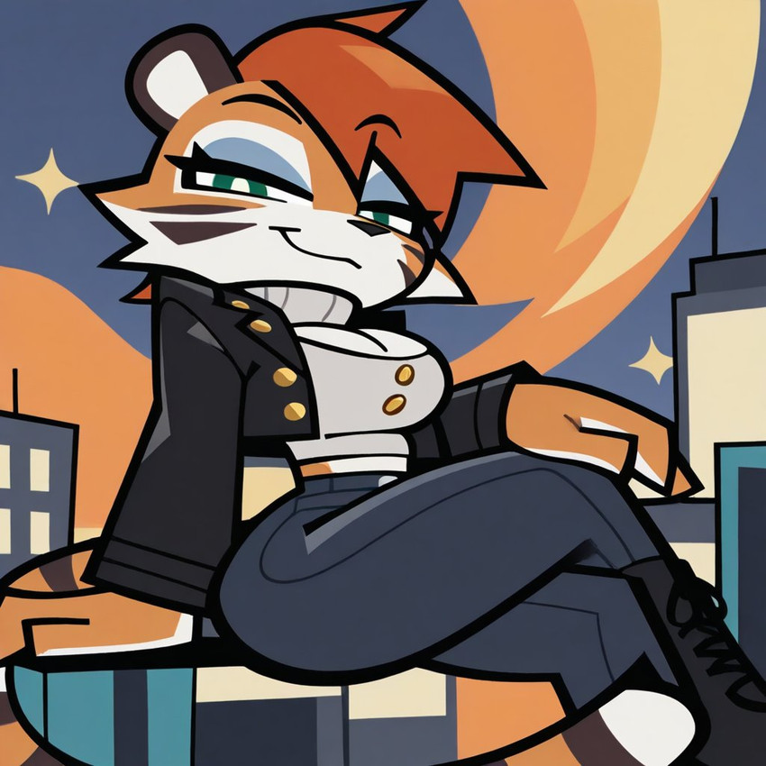 anthro big_breasts big_butt boots bottomwear breasts butt city cityscape clothing curvy_figure denim denim_clothing eyeshadow female footwear hourglass_figure jacket jeans leather leather_clothing leather_jacket leather_topwear looking_at_viewer makeup pants sitting small_waist smile solo topwear iacabria felid mammal pantherine tiger