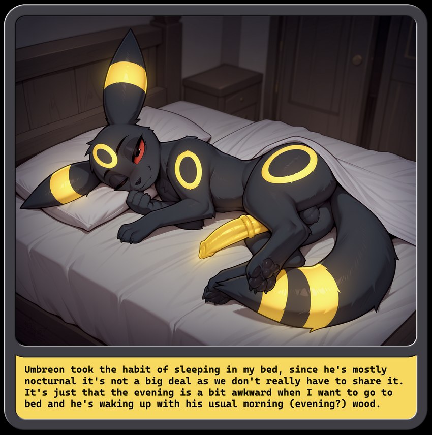 bed erection feral furniture inviting looking_at_viewer lying male medial_ring morning_wood on_side one_eye_closed solo tired nonimousmate eeveelution generation_2_pokemon pokemon_(species) umbreon hi_res