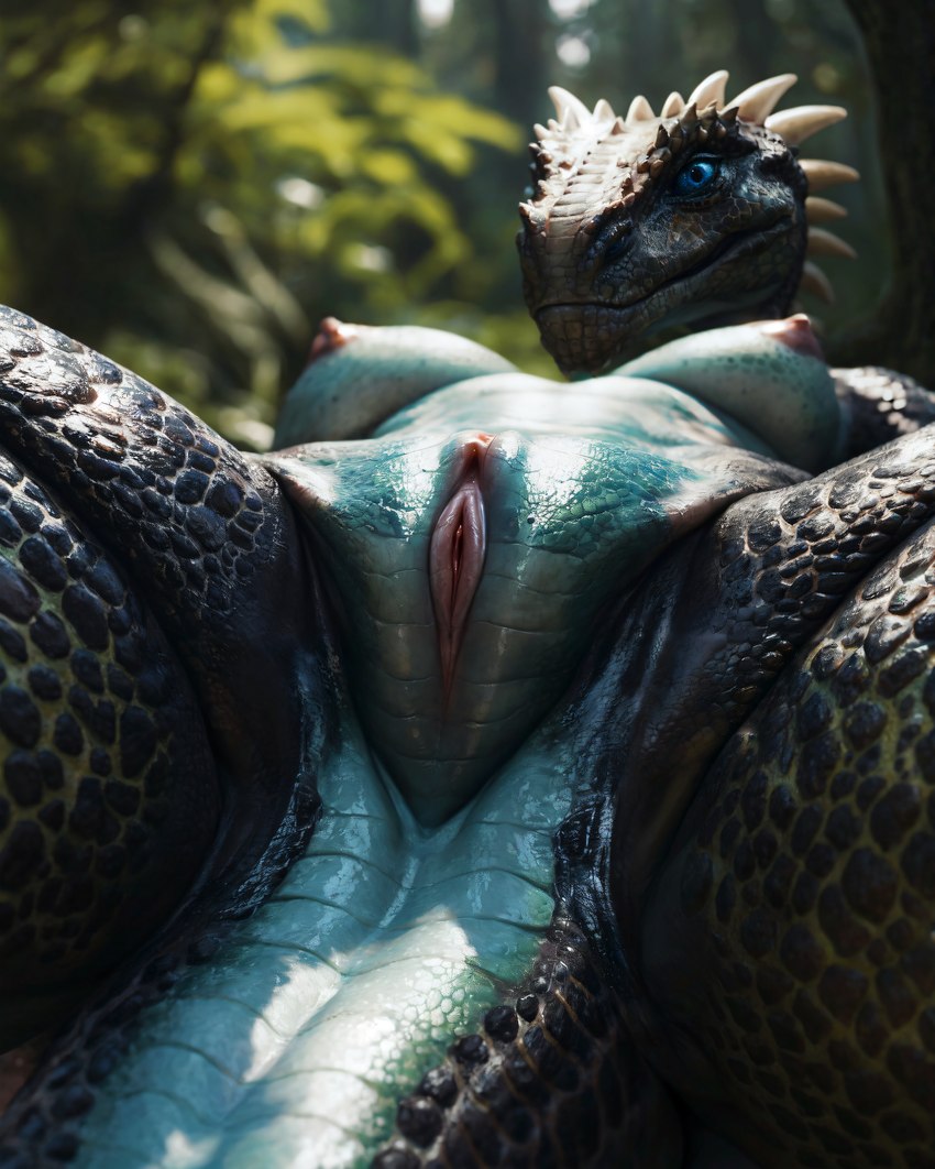 anthro black_body black_skin blue_body blue_eyes blue_skin breasts close_up female forest genitals nipples outdoors pink_nipples plant pussy scales solo spread_legs spreading tree purrfectlyai argonian dragon reptile scalie absurd_res hi_res