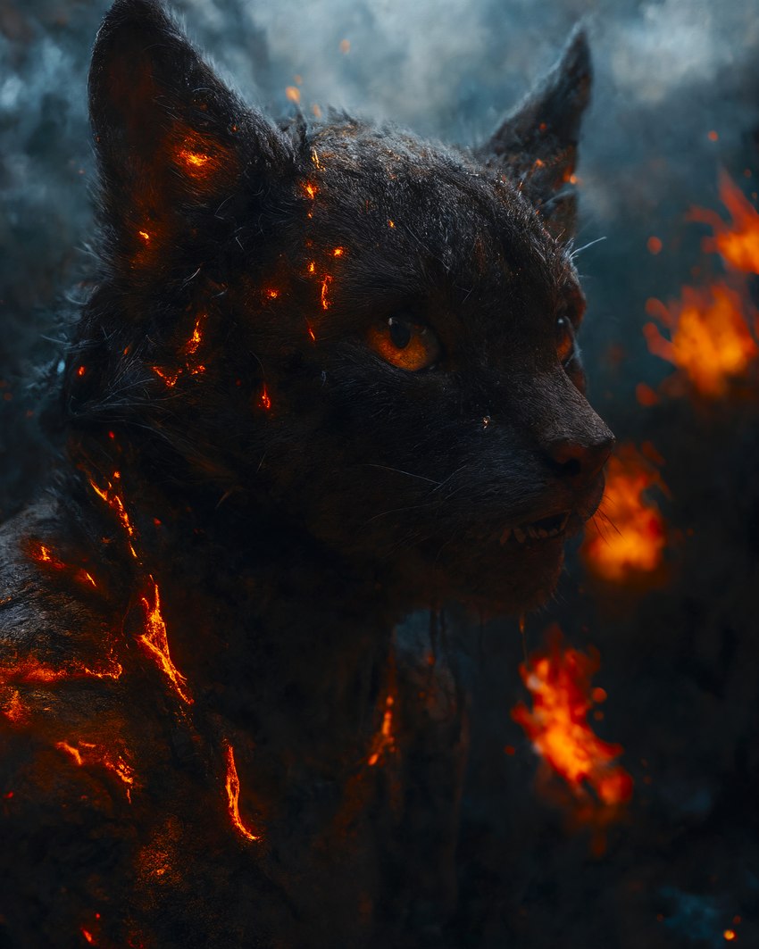 black_body black_fur embers fantasy female fire fur magic red_eyes smoke solo whiskers akhiezer elemental_creature felid feline mammal 3d_(artwork) absurd_res digital_media_(artwork) hi_res