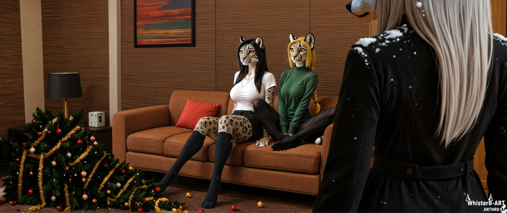 anthro blonde_hair caption christmas christmas_tree clothing coat dark_hair female footwear fur furniture group hair legwear pantyhose plant shirt sitting socks sofa sweater t-shirt tights topwear tree trio white_body white_fur whisterb-art arctic_fox canid canine felid feline fox leopardus mammal ocelot pantherine snow_leopard absurd_res hi_res