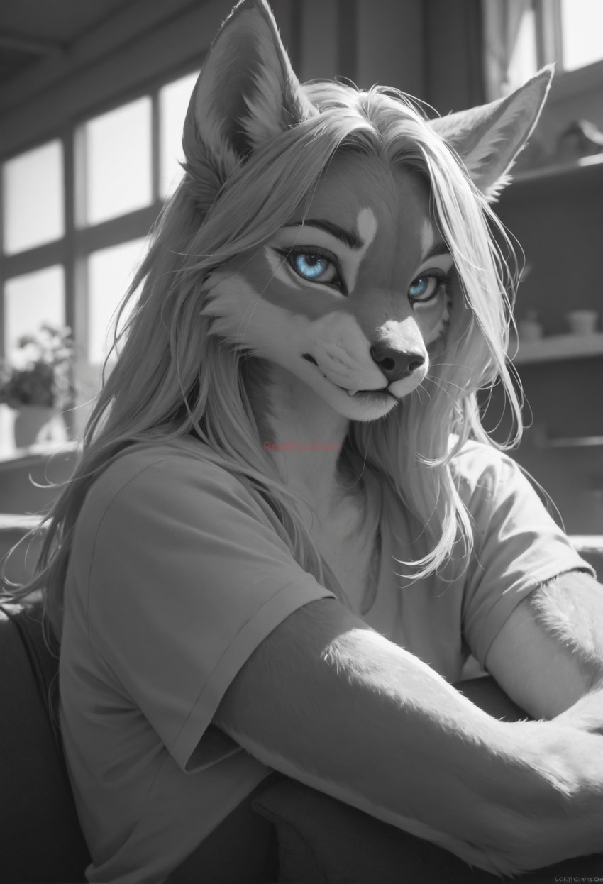 ambiguous_gender anthro blue_eyes clothing detailed_background looking_at_viewer realistic realistic_fur realistic_lighting solo redstallion_(director) canid mammal distracting_watermark hi_res monochrome watermark