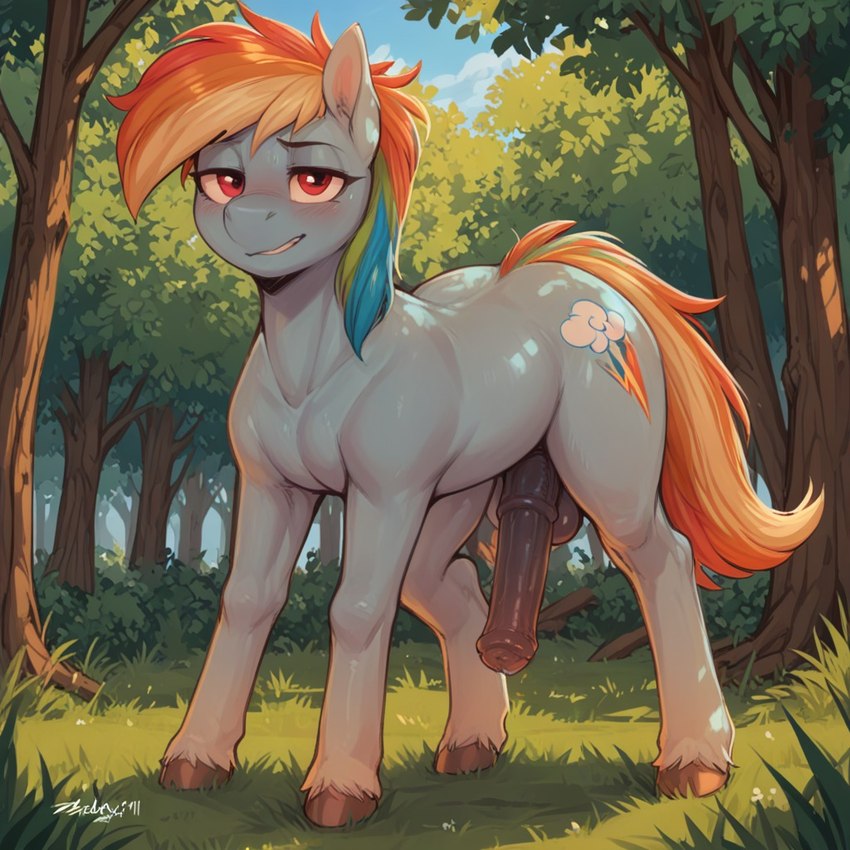 animal_genitalia animal_penis balls blush crossgender cutie_mark equine_genitalia equine_penis feral flower forest genitals grass intersex looking_at_viewer outside penis plant sky solo tree nameynamename friendship_is_magic my_little_pony rainbow_dash_(mlp) equid equine horse mammal