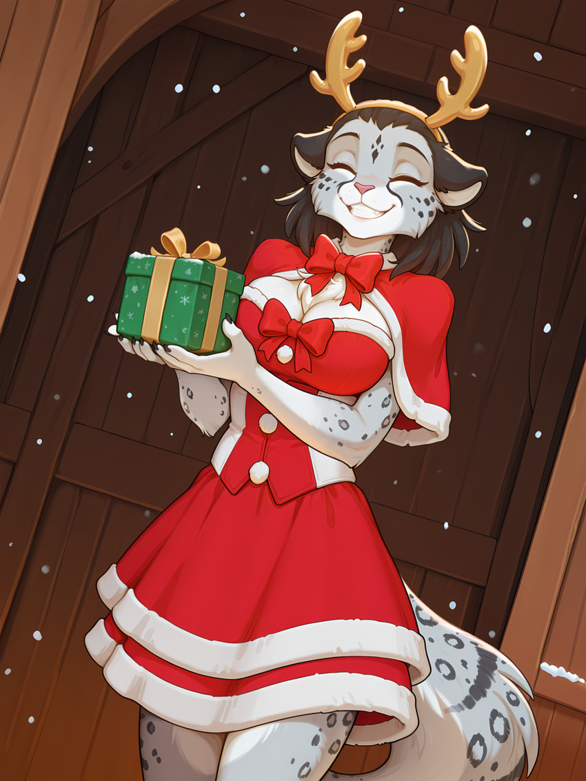 anthro black_hair breasts christmas clothed clothing dress eyes_closed female fur gift hair holidays horn iskra smile snow snowing solo spots spotted_body spotted_fur anontk the_elder_scrolls twokinds adira_riftwall felid mammal pantherine snow_leopard hi_res