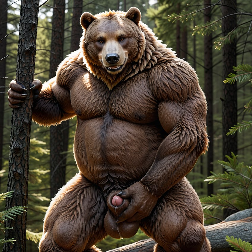 animal_genitalia anthro brown_body brown_fur forest fur genitals male musclegut outside peeking_penis penis penis_tip plant sheath smile smiling_at_viewer solo touching_penis tree kneiff mammal ursid ursine hi_res