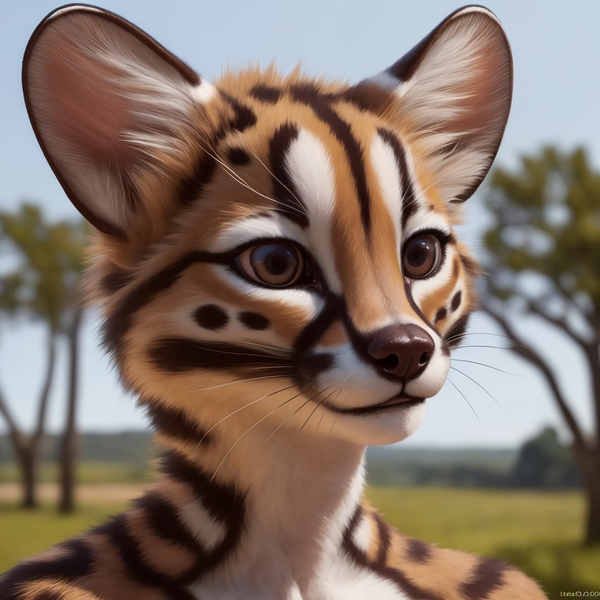 ambiguous_gender anthro blurred_background brown_eyes brown_nose depth_of_field inner_ear_fluff markings multicolored_body outdoors plant realistic round_ears solo stable_diffusion stripes tree tuft whiskers gopossum genet mammal viverrid 1:1 attempted_signature hi_res