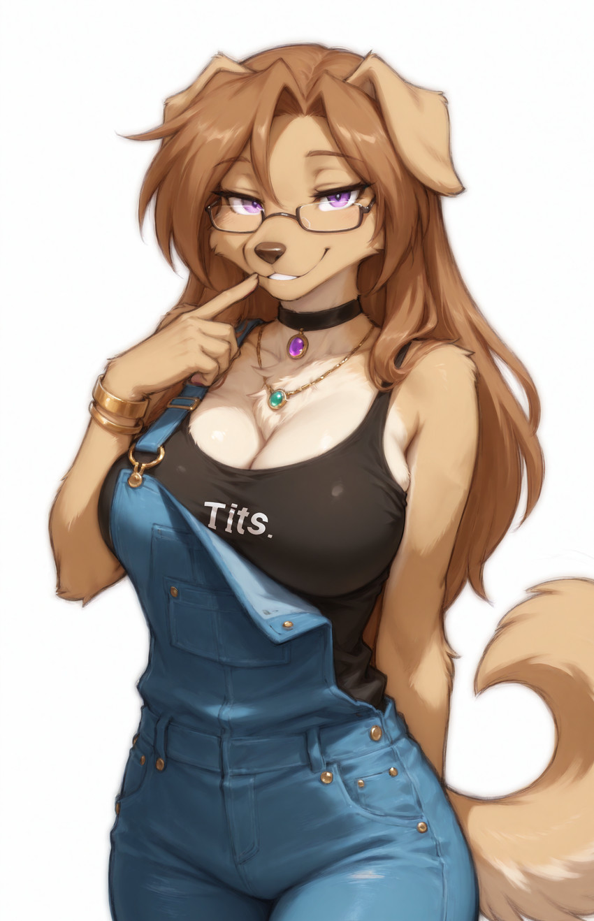 anthro big_breasts bracelet breasts brown_body brown_fur brown_hair chest_tuft choker cleavage clothed clothing eyewear female finger_to_mouth fur gem glasses grin hair jewelry long_hair looking_at_viewer necklace overalls prompt purple_eyes shirt simple_background smile solo standing tank_top text topwear tuft white_background zeez18 twokinds erilas_(twokinds) canid canine canis domestic_dog mammal 2025 absurd_res english_text hi_res portrait three-quarter_portrait