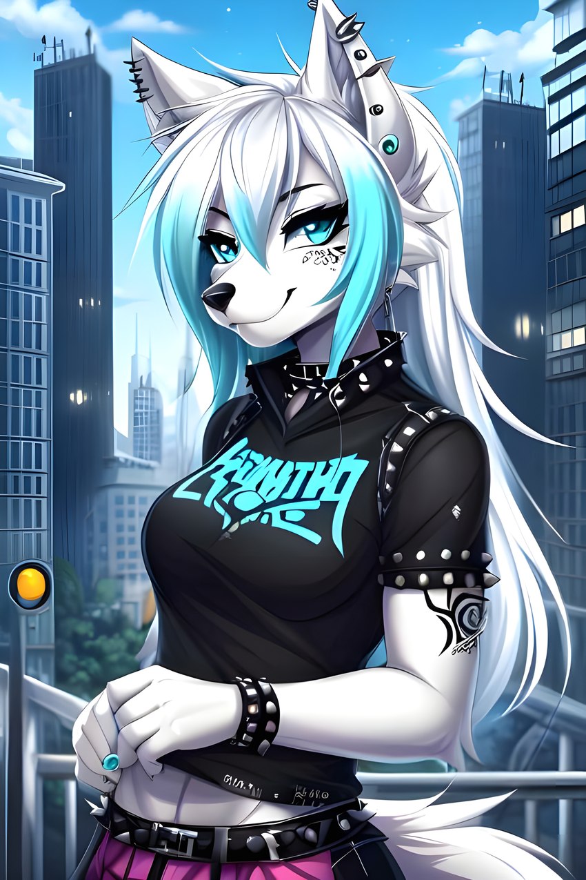 anthro blue_body blue_eyes blue_hair clothed clothing female fur hair jewelry looking_at_viewer necklace punk_girl shirt smile solo solo_focus t-shirt topwear white_body white_fur white_hair nikfur canid canine canis mammal wolf absurd_res hi_res