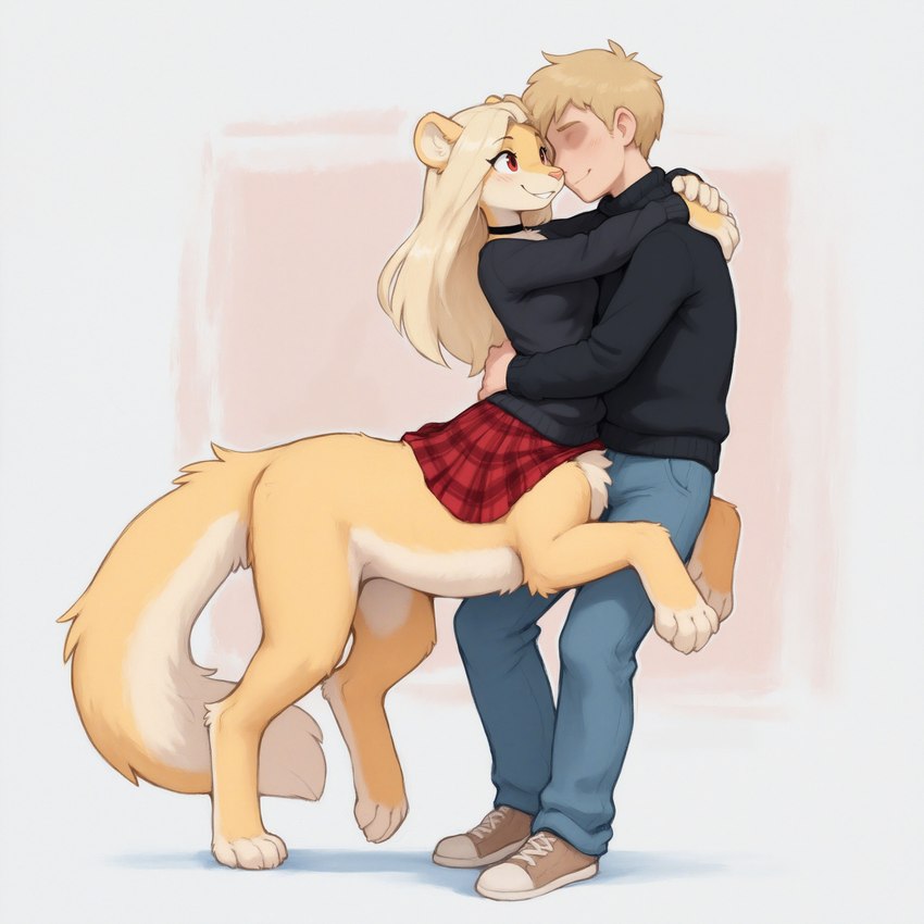 4_toes barefoot black_clothing black_shirt black_topwear blonde_hair blue_bottomwear blue_clothing blush bottomwear choker clothed clothing countershade_torso countershading denim denim_bottomwear denim_clothing digitigrade duo embrace eyebrows eyelashes eyes_closed feet female female_on_human footwear fully_clothed fur hair hug human_on_taur interspecies jeans jewelry long_hair looking_at_another male male/female multicolored_body multicolored_fur necklace nuzzling pants pattern_clothing paws pink_nose plaid plaid_clothing quadruped red_eyes romantic shirt shoes simple_background skirt smile standing tail tan_body toes topwear tuft two_tone_body white_body yellow_body yellow_fur anonymous_director mila_minx felid felid_taur human mammal mammal_taur pantherine taur absurd_res hi_res shaded