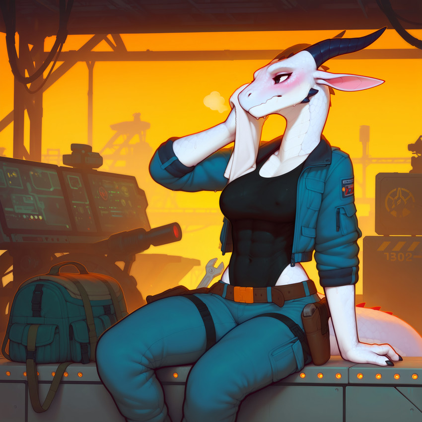 anthro bag belt black_clothing black_eyes black_horn black_swimwear blue_clothing blush bodily_fluids breasts clothed clothing covered_nipples detailed_background exhausted female futuristic hangar holster horn jacket looking_away medium_breasts open_clothing open_jacket open_topwear orange_background simple_background sitting solo sweat swimwear tools topwear towel wet wet_clothing white_towel wiping_self workshop adragocult scalie absurd_res hi_res