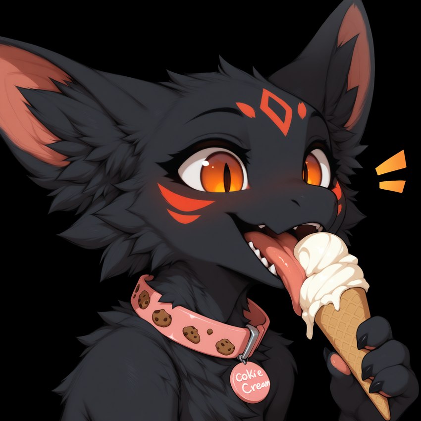 ambiguous_gender black_body black_fur blush claws collar cookie dessert eating fingers food fur holding_food holding_object ice_cream inner_ear_fluff licking markings open_mouth orange_eyes pawpads paws simple_background solo teeth text tongue tongue_out transparent_background tuft anotheranon cookie_(anotheranon) furred_kobold kobold alpha_channel bust_portrait hi_res portrait