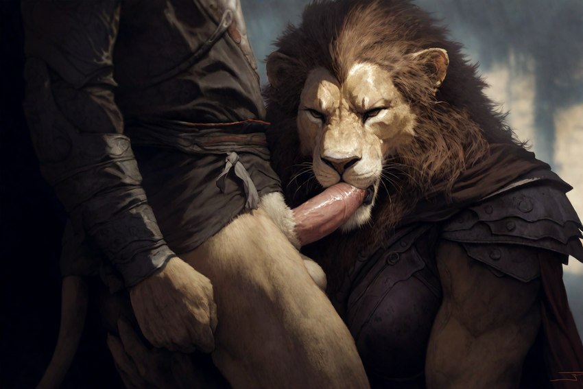 anthro armor balls clothed clothing duo fellatio genitals male male/male oral partially_clothed penile penis sex hyperion felid lion mammal pantherine