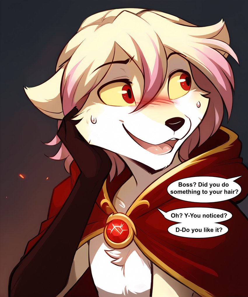 anthro blush bodily_fluids cape cloak clothed clothing dialogue fur hair looking_away male open_mouth simple_background smile solo sweat sweatdrop teeth text white_body white_fur anontk twokinds clovis_(twokinds) canid canine mammal english_text hi_res