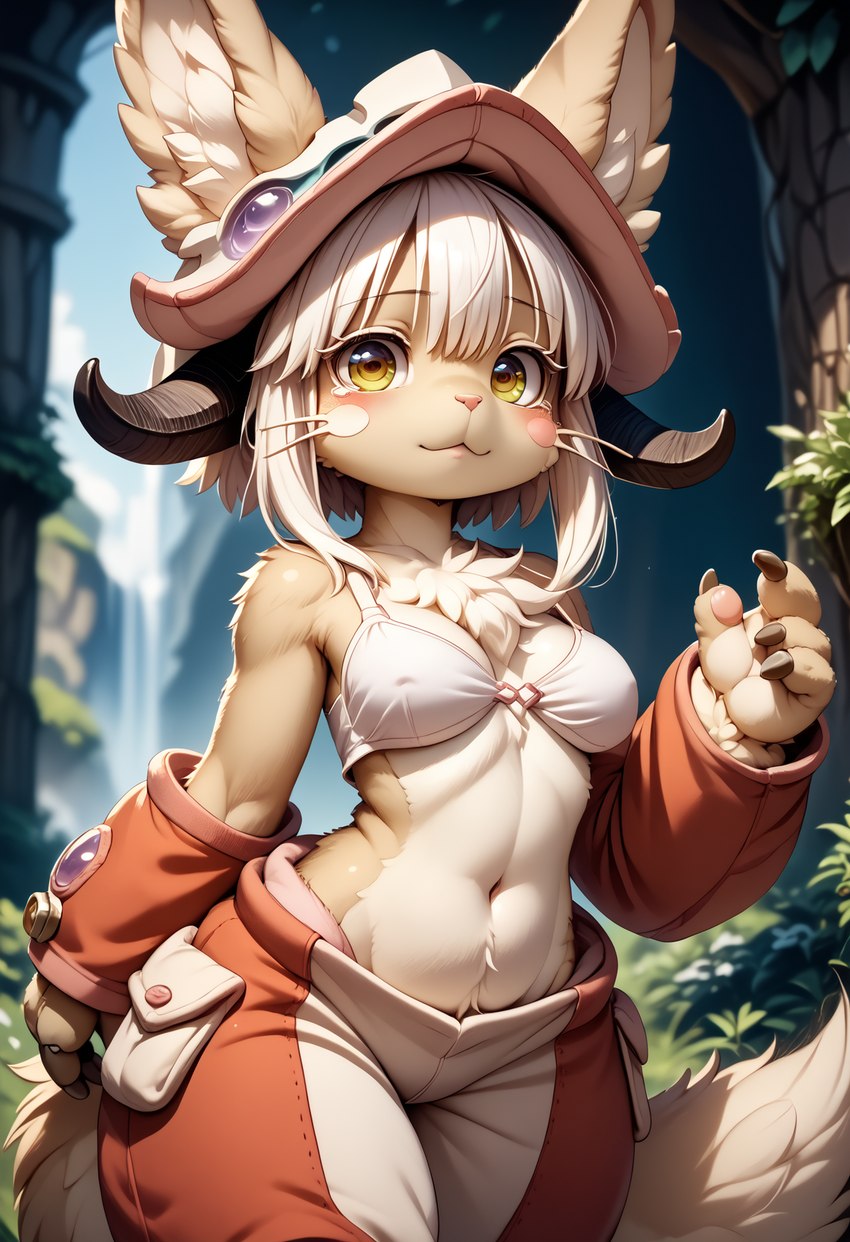 anthro armor chest_tuft crotch_tuft female headgear helmet horizontal_pupils looking_at_viewer made_in_abyss navel pupils solo tuft nonimousmate nanachi lagomorph mammal narehate hi_res