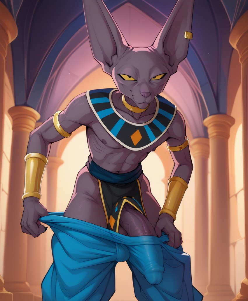 anthro big_penis bottomwear bottomwear_down bulge clothed clothing dragon_ball_super egyptian_clothing erection erection_under_clothing genital_outline genitals hairless looking_at_viewer male pants pants_down partially_clothed penis penis_base penis_outline solo undressing nonimousmate beerus domestic_cat felid feline felis hairless_cat mammal sphynx_(cat) hi_res