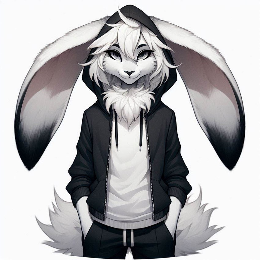 anthro clothed clothing fluffy fur hair hand_in_pocket hoodie long_ears looking_at_viewer male neck_tuft pockets raised_clothing raised_hoodie raised_topwear simple_background smile solo standing topwear tuft white_background white_body white_eyes white_fur white_hair quietcanvas lagomorph leporid mammal rabbit