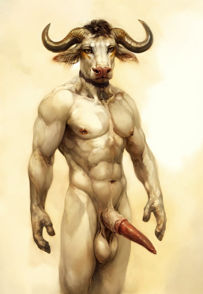 abs animal_genitalia anthro balls big_penis bovid_horn brown_eyes chest_tuft collar erection fingers fluffy_ears fur genitals hair hands hooved_fingers hooves horn inner_ear_fluff large_balls male muscular muscular_male navel neck_tuft nipples nose penis sheath simple_background solo standing tuft white_background white_body white_fur jnm bovid bovine mammal hi_res