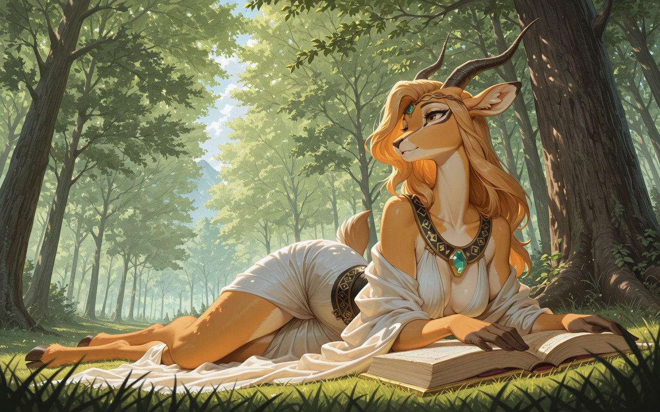 anthro blonde_hair book breasts clothed clothing detailed_background dress eyelashes female fingers forest grass hair hooves horn jewelry long_hair lying nature necklace on_front outside plant reading smile solo tan_body tree vittelbone_director antelope bovid gazelle mammal hi_res