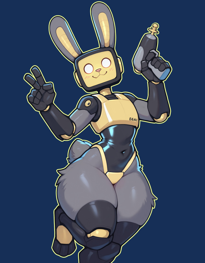 3_toes 5_fingers ambiguous_gender anthro black_bodysuit blush body_suit clothing cybernetics feet fingers for_a_head fur gesture grey_body grey_fur gun hip_tuft holding_gun holding_object holding_weapon machine one_leg_up outline pear-shaped_figure pinup pose rabbit_ears raised_leg ranged_weapon raygun robot_joints robotic_arms robotic_legs screen screen_face scut_tail short_tail solo squish television thick_thighs thigh_squish toes tuft v_sign weapon wide_hips yellow_clothing anotherarcticfox mascot_2025 cyborg lagomorph leporid mammal object_head rabbit robot screen_head tv_head hi_res