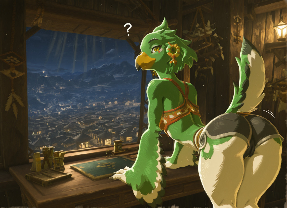 anthro beak butt camel_toe clothing detailed_background female genitals looking_at_viewer looking_back looking_back_at_viewer night pussy window anonymous_director nintendo the_legend_of_zelda avian rito hi_res
