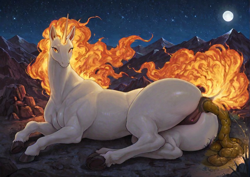 anatomically_correct anatomically_correct_genitalia animal_genitalia animal_pussy boulder equine_anus equine_genitalia equine_pussy feces female feral fire genitals moon mountains night night_sky pooping pussy rock scat solo volcano poopdude4207 generation_1_pokemon pokemon_(species) rapidash