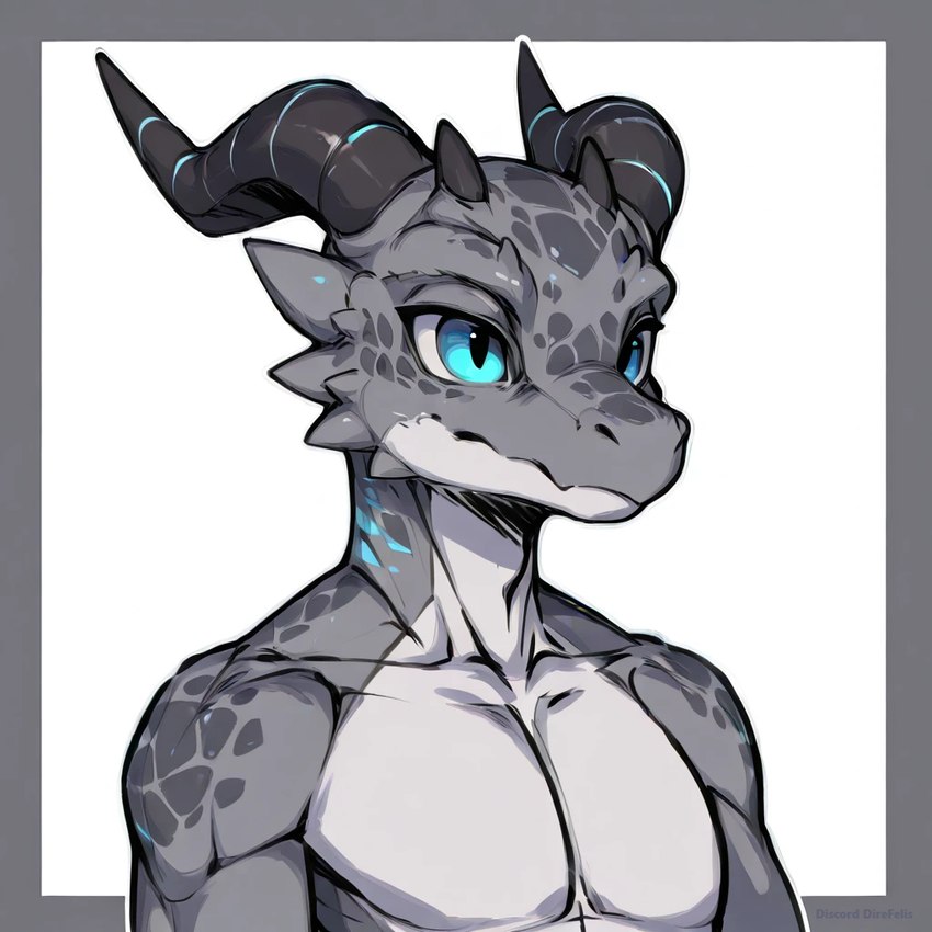 2024 anthro blue_eyes border grey_body grey_scales horn male outline scales simple_background solo upper_body white_background direfelis_(director) kobold scalie 1:1 watermark