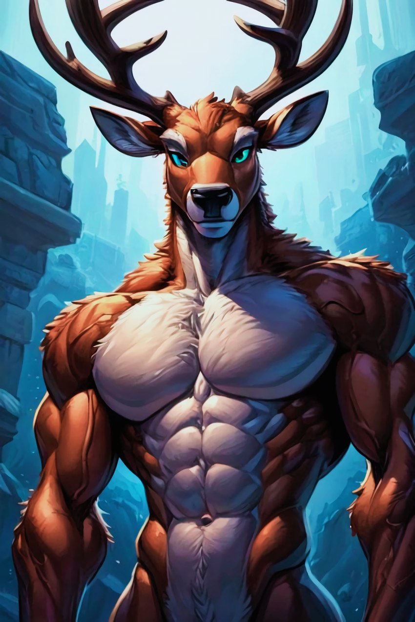 abs anthro antlers athletic athletic_anthro athletic_male biceps brown_body brown_fur fur horn looking_at_viewer male muscular muscular_anthro muscular_male navel nude pecs solo triceps white_body unknown_director cervid mammal hi_res