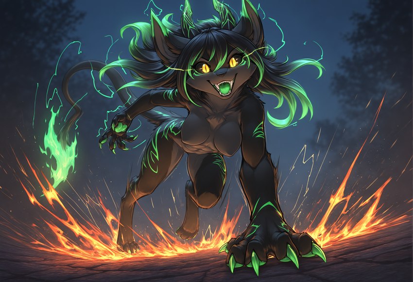 4_toes 5_fingers anthro black_body black_fur black_hair black_sclera breasts claws colored_fire detailed_background digitigrade elemental_manipulation featureless_breasts feet female fingers fire fur glowing glowing_eyes glowing_markings green_hair hair horn looking_at_viewer markings night nipples nude nude_female open_mouth outside pawpads smile solo teeth toe_claws toes tongue tuft yellow_eyes alucard_(director) felid feline mammal absurd_res hi_res